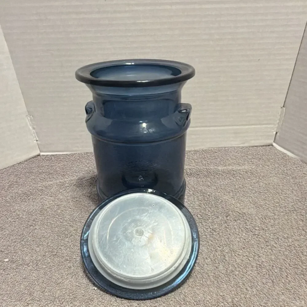 Cobalt Blue Glass cookie jar designed to look like an old milk can.